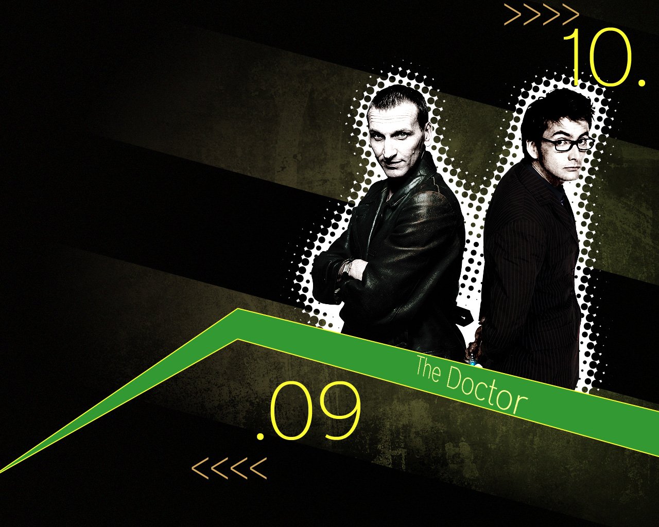 A dynamic artwork featuring the Ninth and Tenth Doctors from the TV show Doctor Who (2005), depicted back-to-back with stylized graphics and numbers.