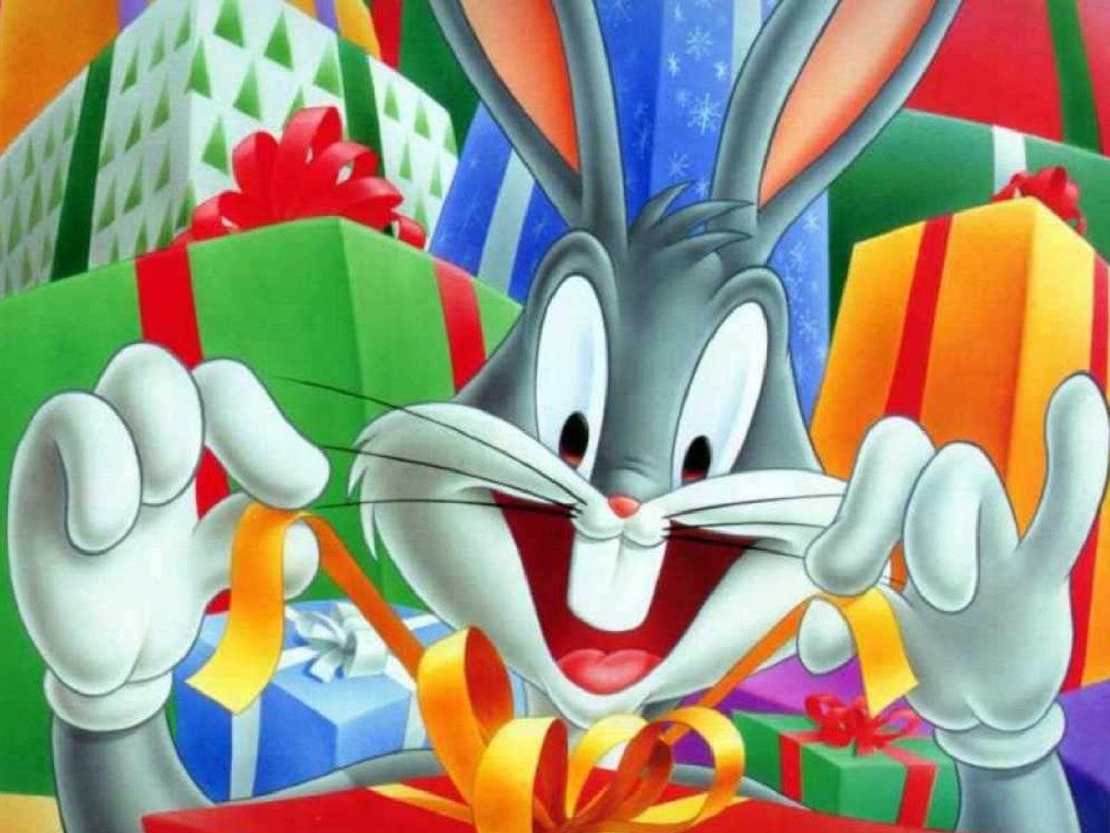 Bugs Bunny happily opens a gift surrounded by colorful presents, embodying the fun and charm of the beloved TV show Looney Tunes.