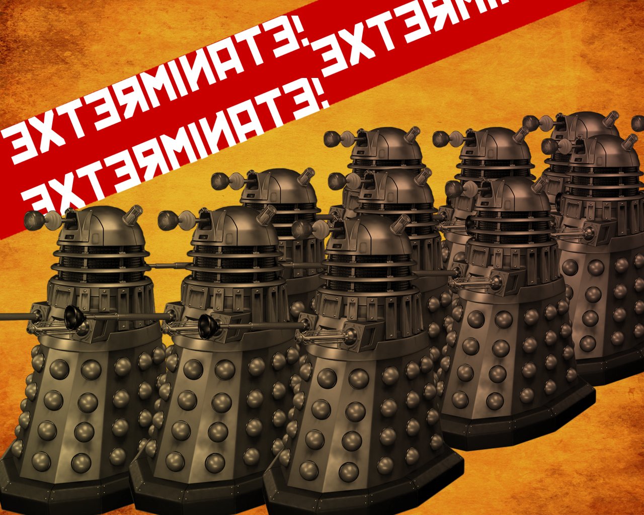 A group of Daleks from the TV show Doctor Who (2005) stands imposing against a textured background, with the phrase EXTERMINATE! boldly displayed above them.