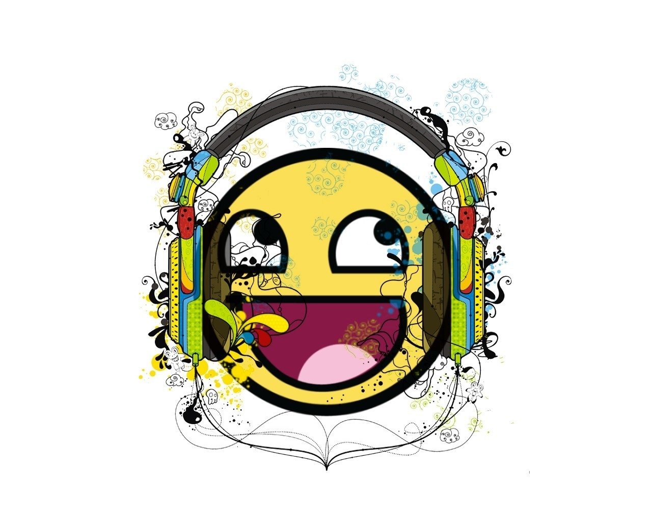 A colorful, funny smiley face wearing headphones, exuding joy and energy, surrounded by playful designs and vibrant patterns.