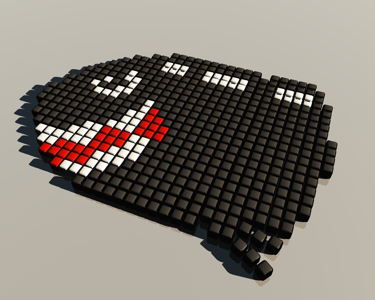 A pixel art representation of Bullet Bill from the video game Super Mario Bros., featuring a black body, white eyes, and a red mouth, created using 3D cubes.