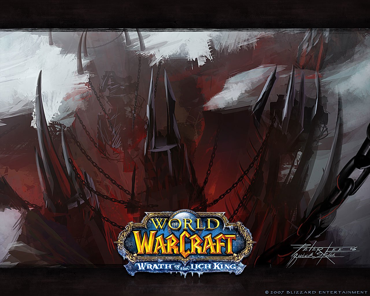 A dramatic scene from the video game World of Warcraft, featuring dark, imposing structures and a moody atmosphere, highlights the epic tone of the Wrath of the Lich King expansion.