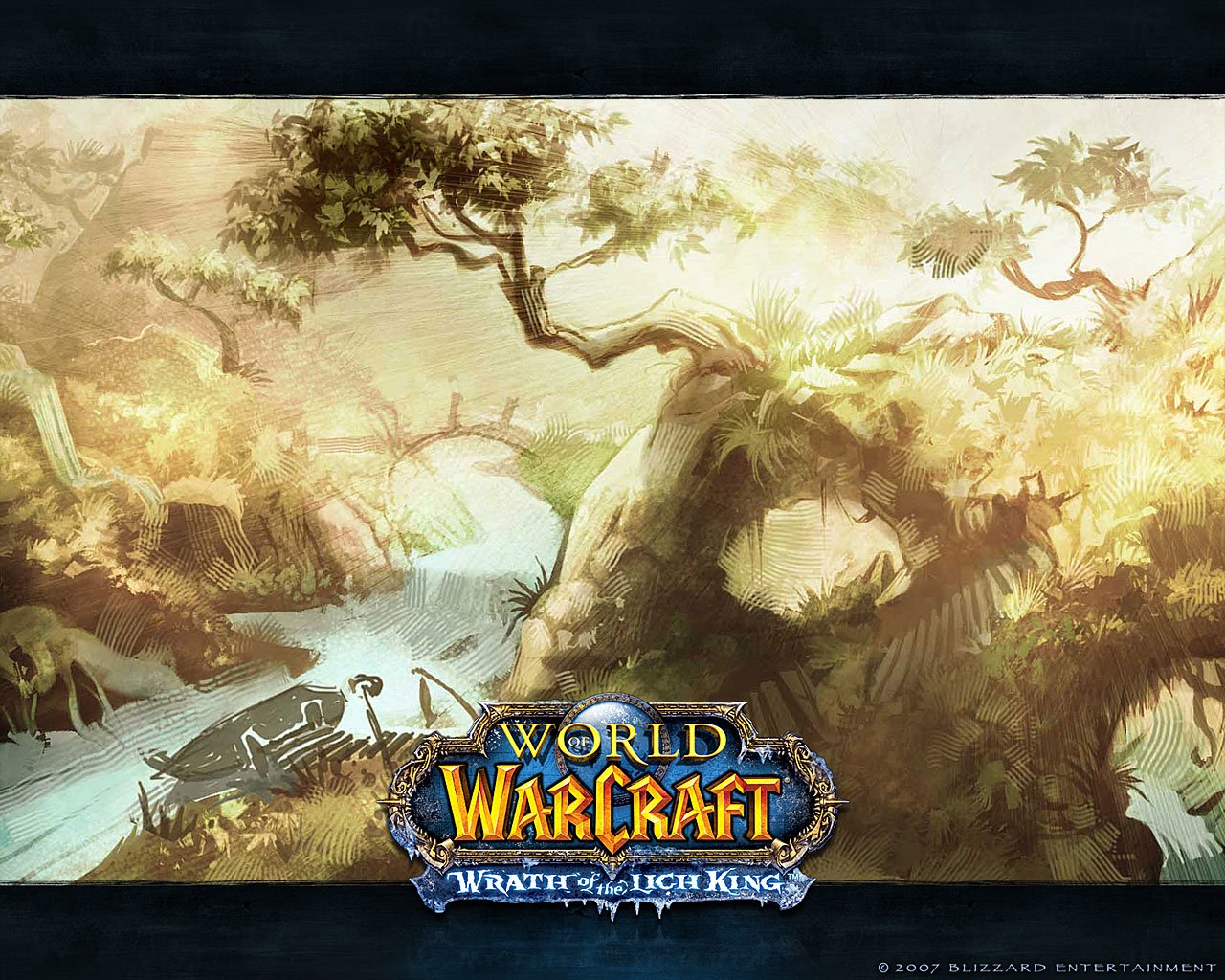 A scenic landscape from the video game World of Warcraft: Wrath of the Lich King, featuring lush greenery and a winding river, evoking a sense of adventure in a fantastical world.