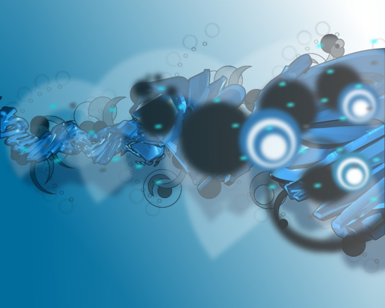 An abstract composition in shades of blue, featuring swirling shapes and circular elements, creating a dynamic flow and depth against a gradient background.