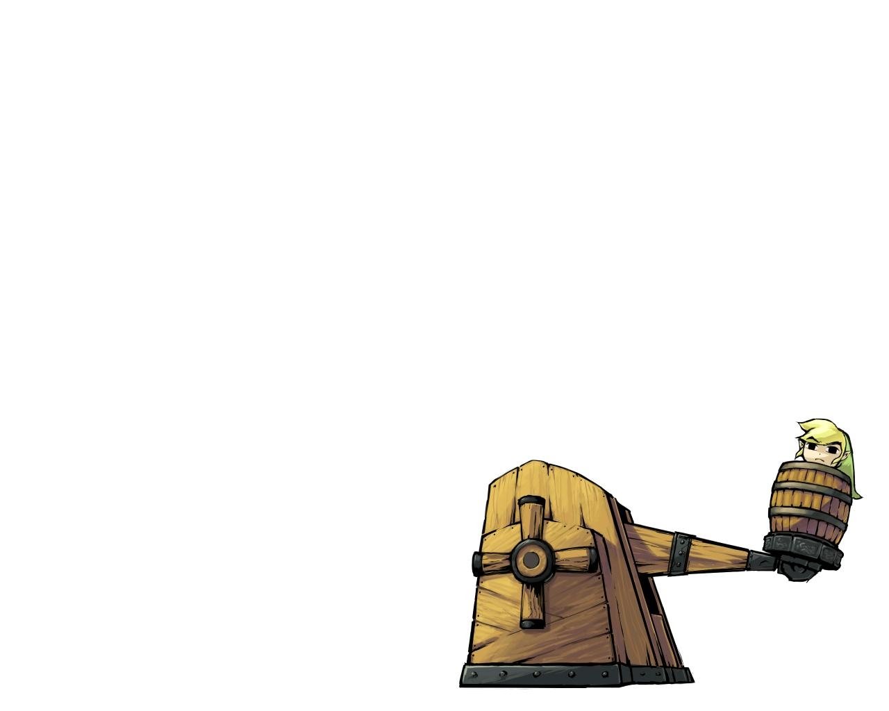 A character from the video game The Legend of Zelda: The Wind Waker stands in a barrel on a wooden slingshot, ready to launch into an adventure across the sea.