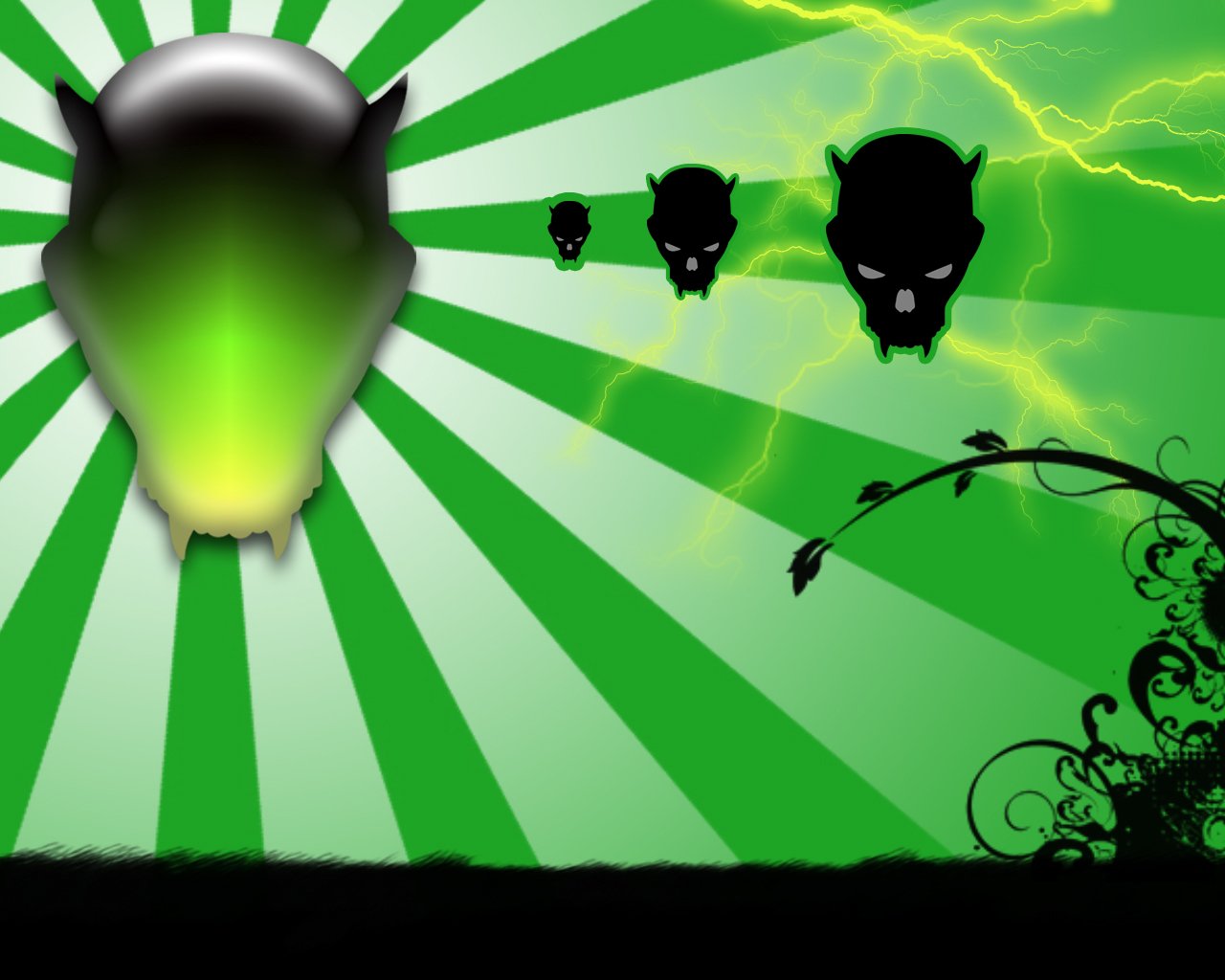 A dark skull silhouette emerges from a vibrant green background, flanked by smaller skulls, with dynamic rays and swirling vines adding an edgy, electric atmosphere.
