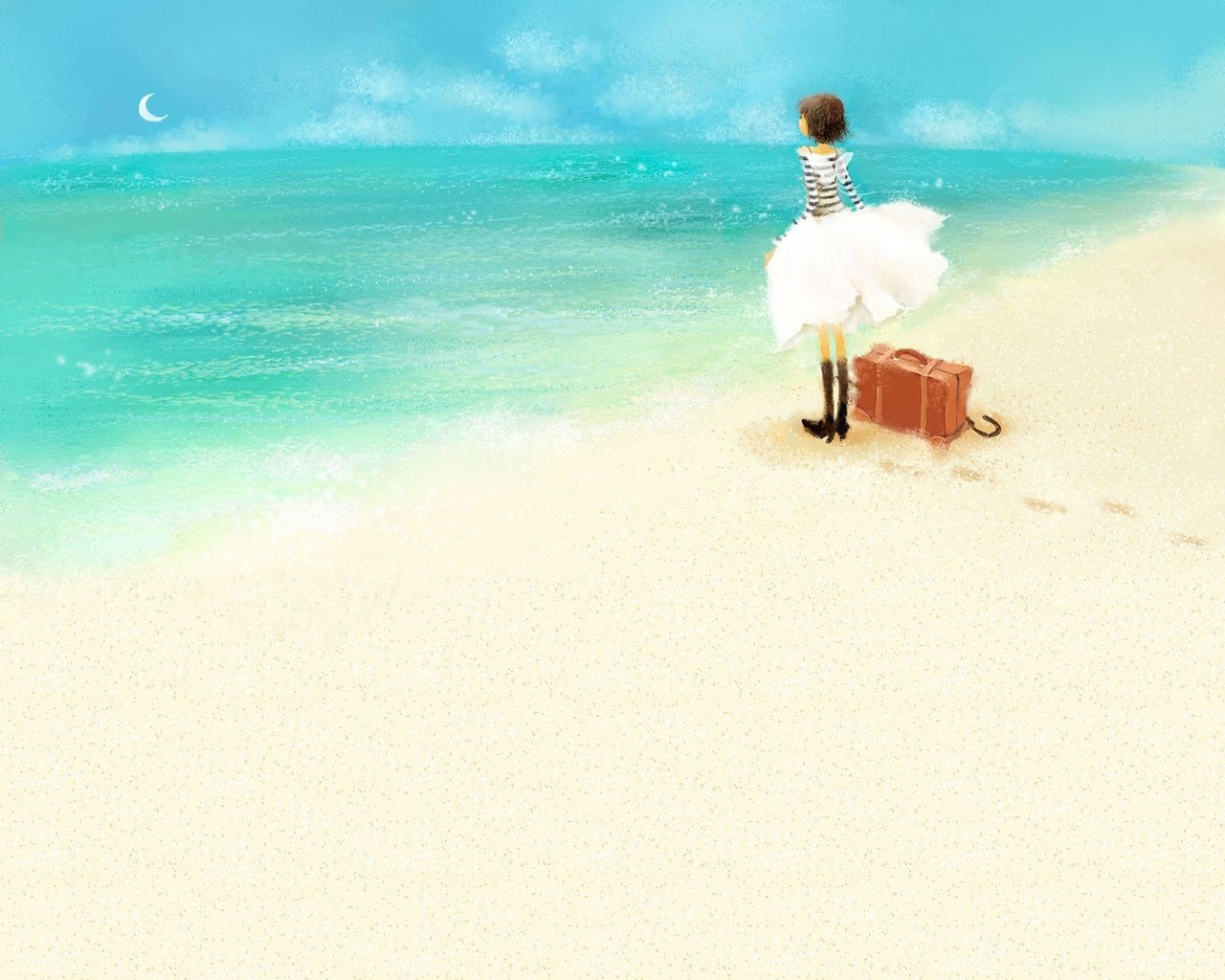 A human figure in a striped shirt and fluffy skirt stands by the shoreline, gazing at the tranquil sea, with a suitcase beside them and footstep marks in the sand.