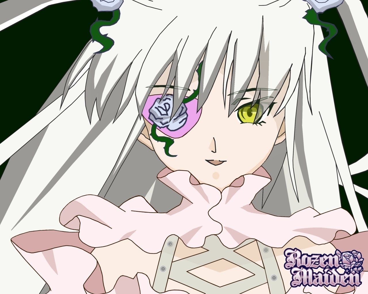 Kirakishou from the anime Rozen Maiden: pale, long white hair, yellow eyes, rose eyepatch and ruffled pink dress, doll-like expression.