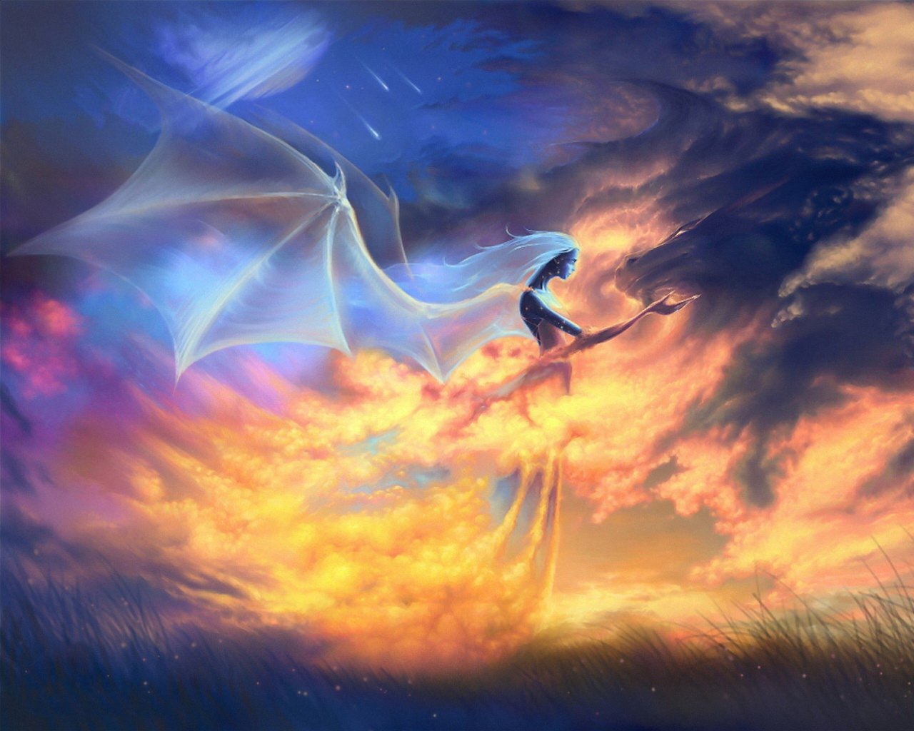 A mystical figure with flowing hair conjures a dragon against a vibrant sunset, blending fantasy elements with a dynamic sky illuminated by swirling colors.