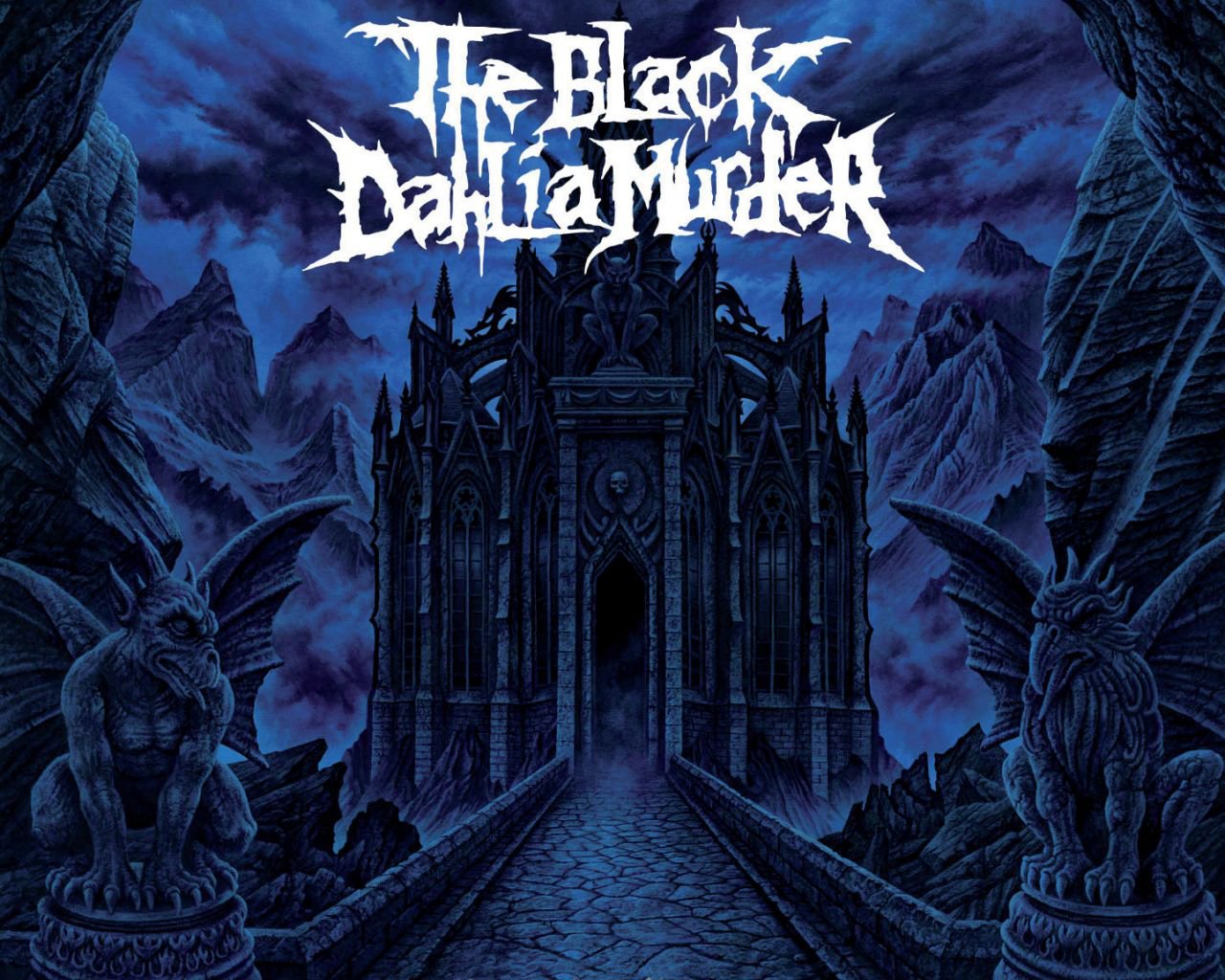 Album cover for The Black Dahlia Murder's Deflorate: moonlit gothic cathedral flanked by gargoyles, a cobbled path to dark doors, white band logo across a stormy blue sky.