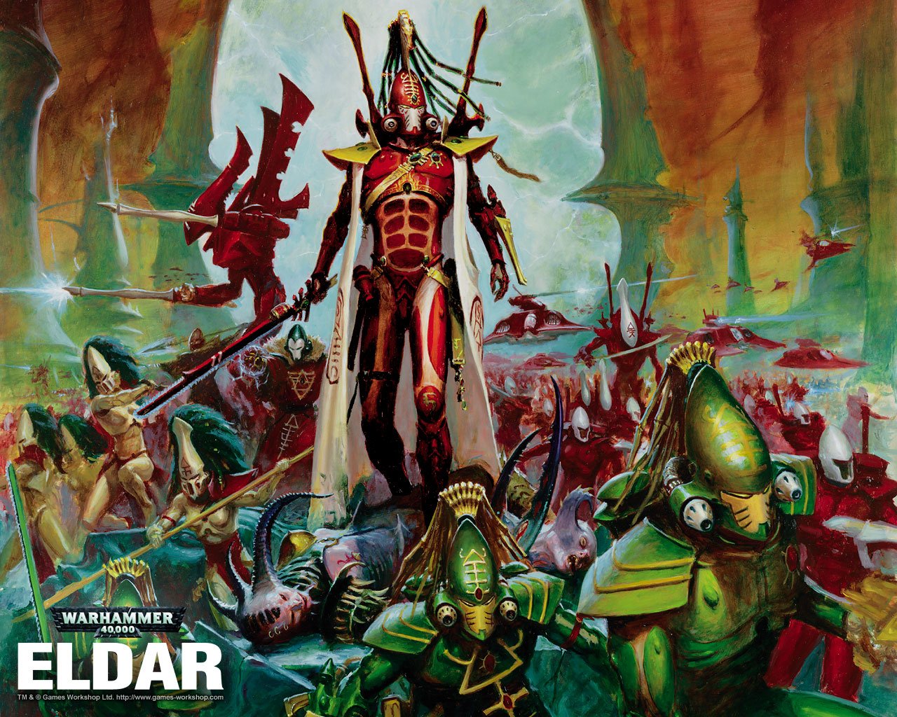 An epic Warhammer scene featuring Eldar warriors in vibrant battle, showcasing their intricate armor and dynamic poses against a striking, colorful backdrop.