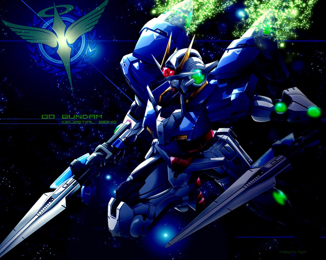 A dynamic anime depiction of Gundam, showcasing a blue mecha armed with dual blades, surrounded by vibrant green energy and set against a cosmic backdrop.