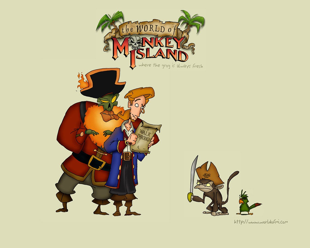 Promotional artwork for the video game Tales of Monkey Island, featuring key characters including a pirate captain, a young man, a cat wielding a sword, and a small creature.