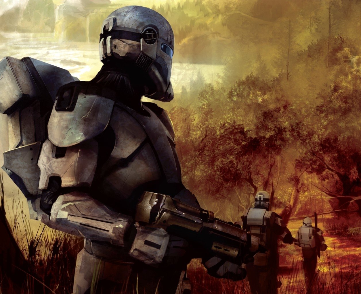 Book cover for Star Wars: Republic Commando, featuring a clone trooper in armor against a dramatic landscape, embodying the Sci-Fi essence of the Star Wars universe.