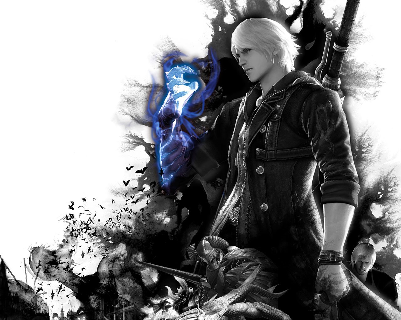 A striking black and white illustration from the video game Devil May Cry 4 features a character wielding a sword, surrounded by dynamic imagery and a ghostly blue emblem.