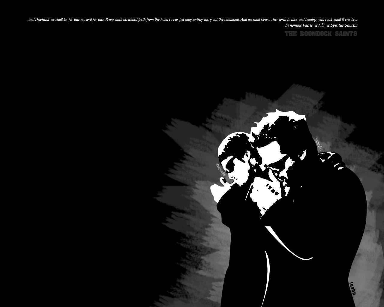 Black and white graphic of two men from The Boondock Saints movie, one lighting a cigarette for the other, set against a dark, textured background.