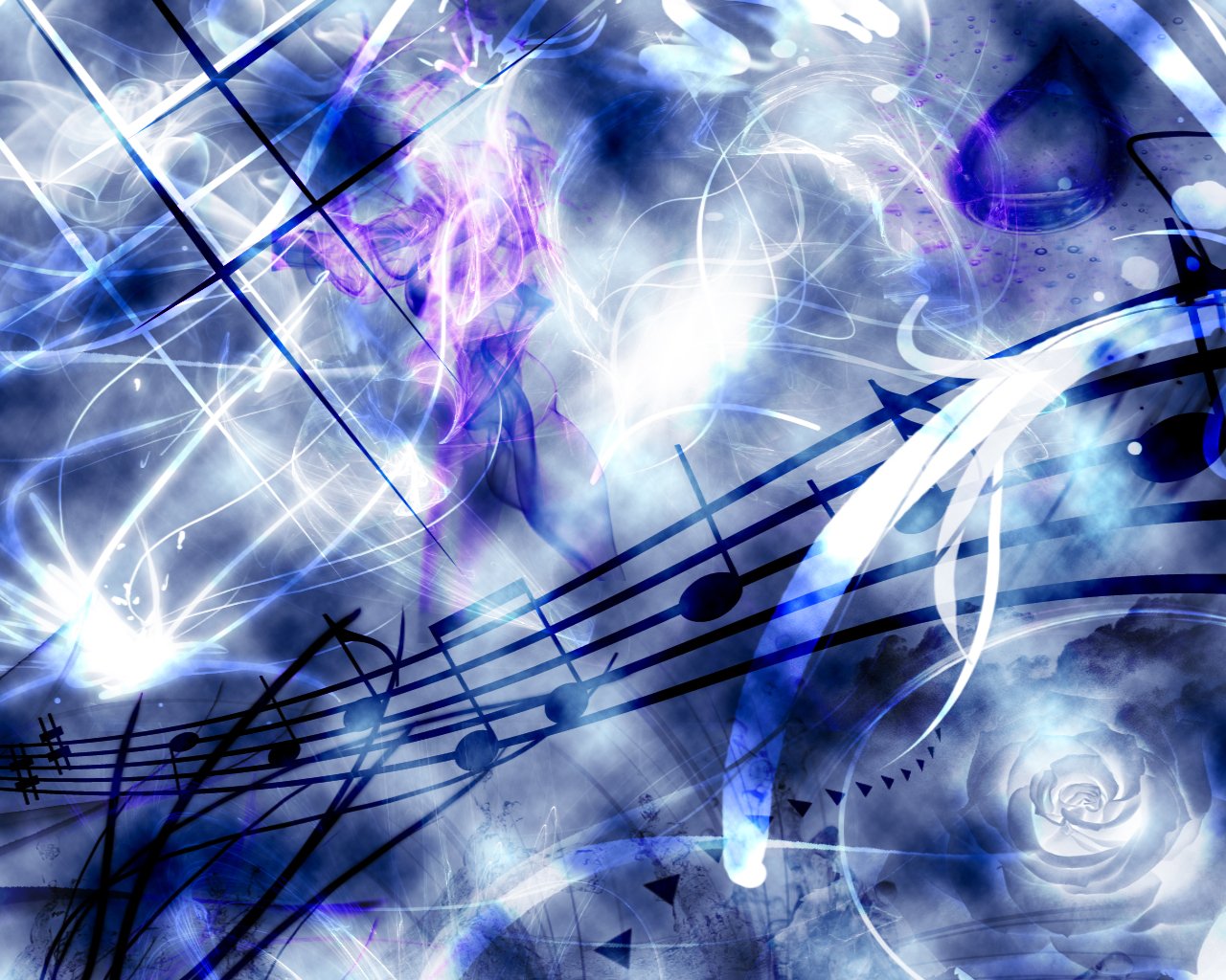 Abstract image featuring swirling blue and white colors with overlapping musical notes and staffs, creating a dynamic visual representation of music.