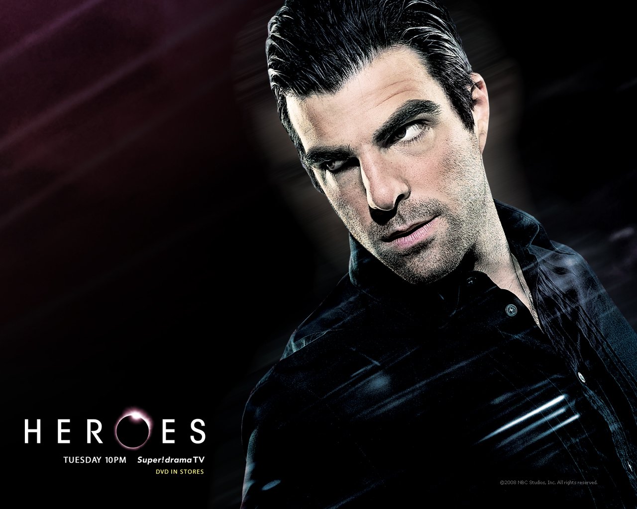 A promotional image for the TV show Heroes, featuring a man with dark hair and a serious expression, set against a dynamic background. The show's air time is Tuesday at 10 PM on SuperFrame TV.
