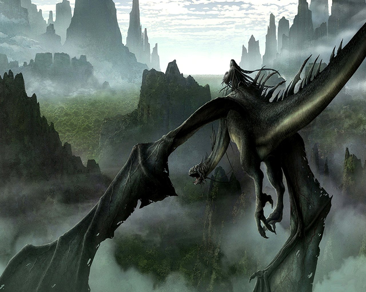 A dark dragon hovers over a misty landscape, evoking the eerie presence of the Nazgûl from Tolkien's The Lord of the Rings in a captivating fantasy setting.