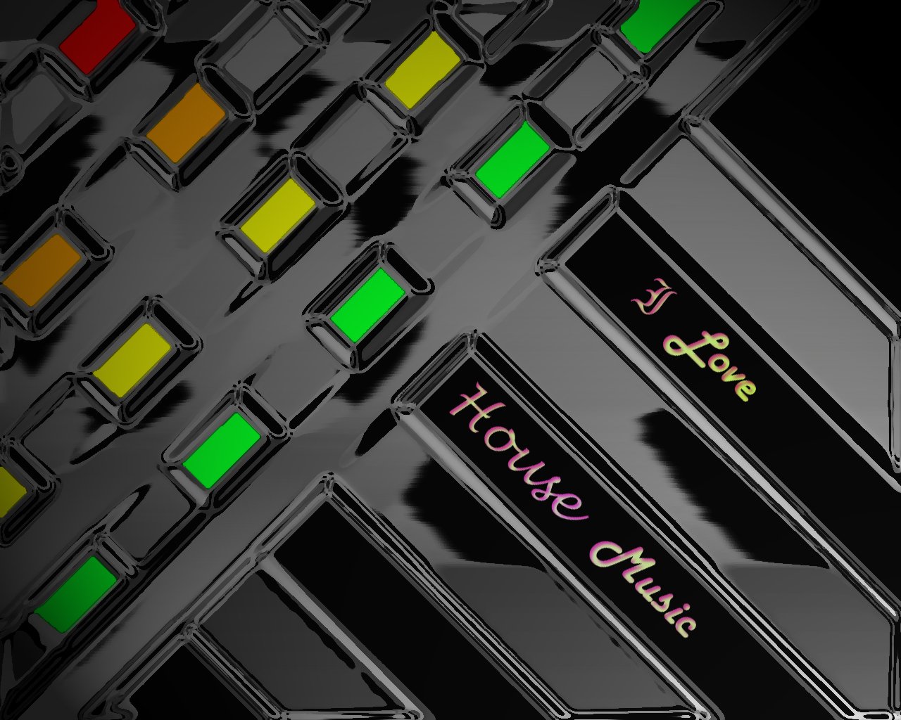 Artistic close-up of glossy black piano keys and colorful pads reading I Love and House Music, neon green and yellow accents suggesting electronic music.