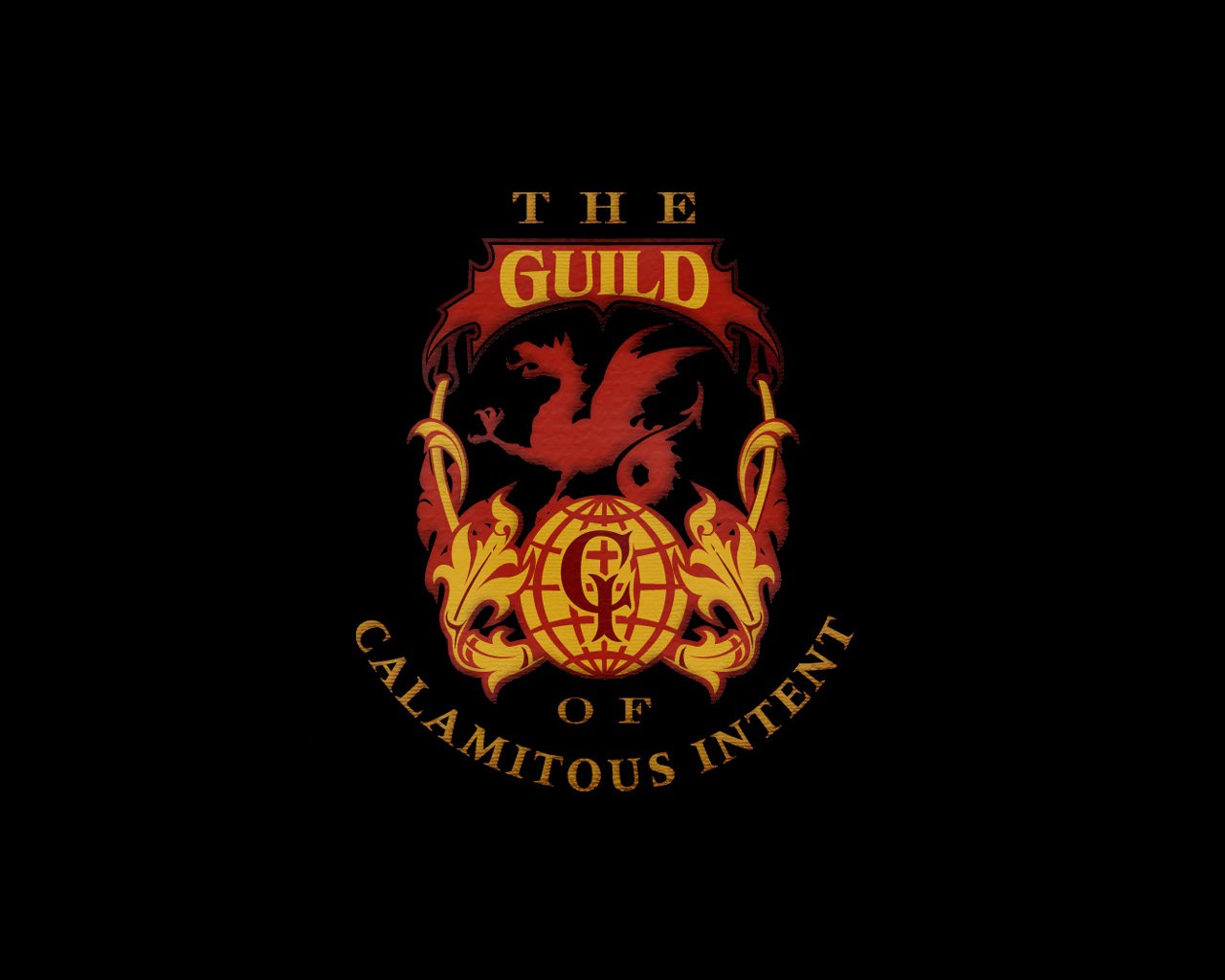Emblem of The Guild of Calamitous Intent from the TV show The Venture Bros., featuring a red dragon and gold ornate design on a black background.