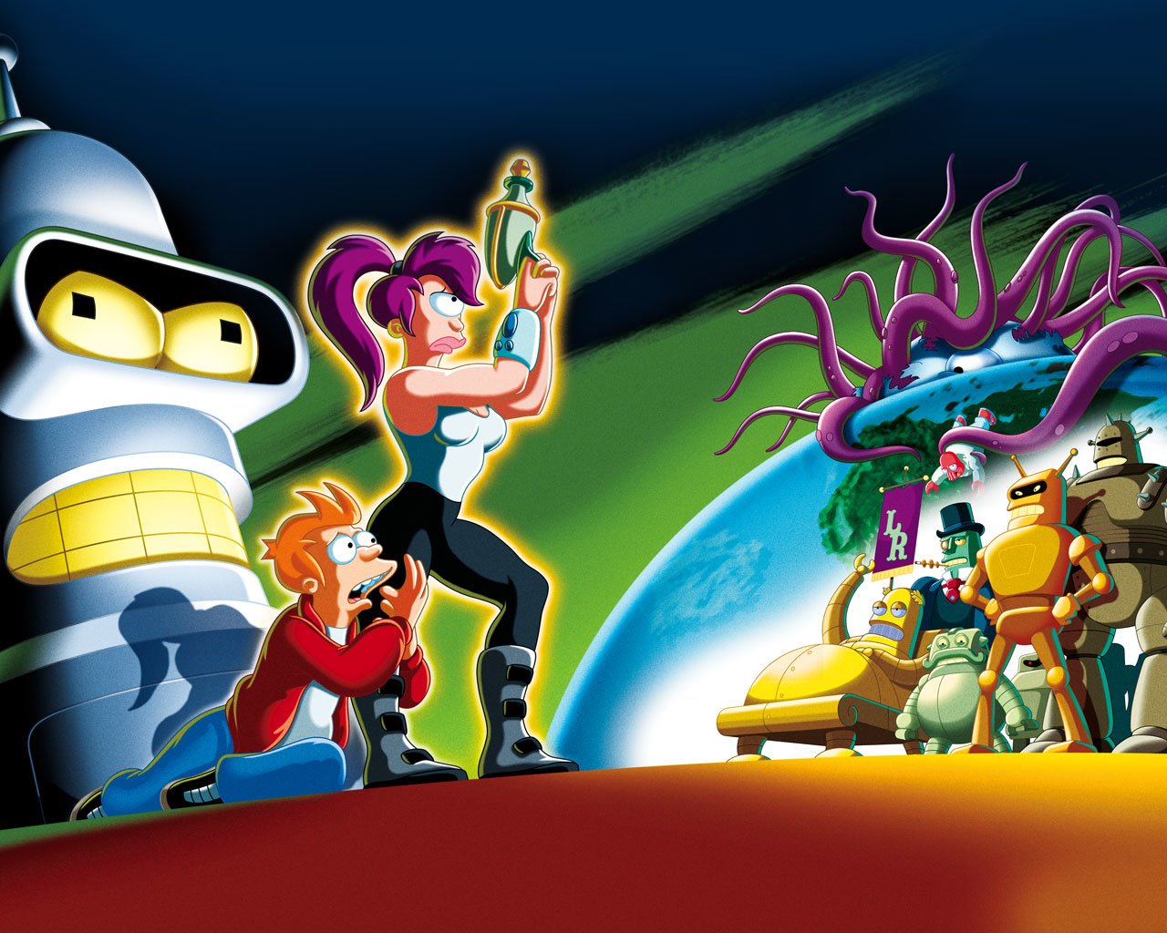 Leela, Fry, and Bender from Futurama stand ready for adventure against a colorful, chaotic backdrop featuring strange creatures and cosmic elements from the iconic TV show.