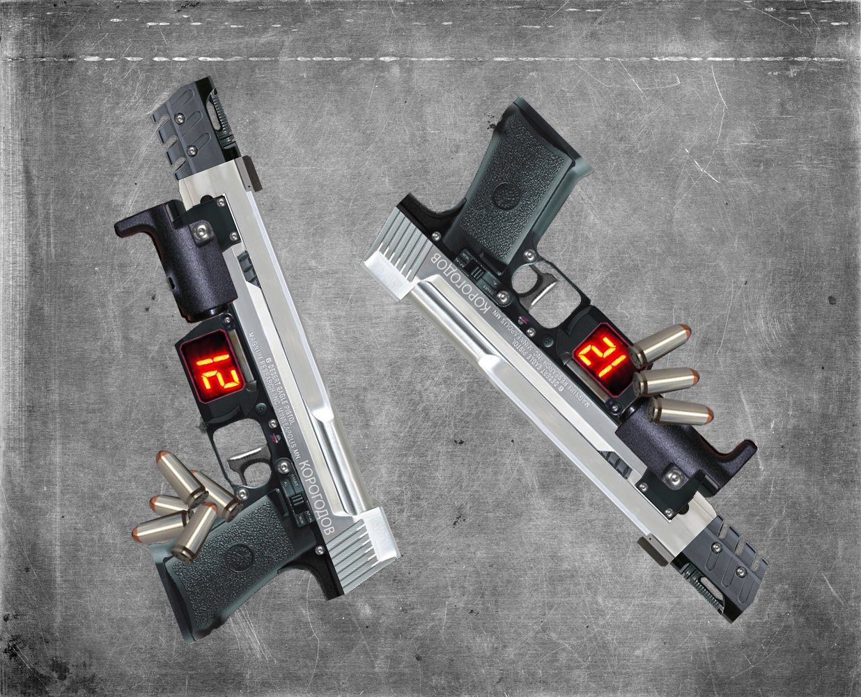 Two futuristic sci-fi pistols with digital ammo counters and attached scopes, displayed alongside scattered bullets on a textured gray background.