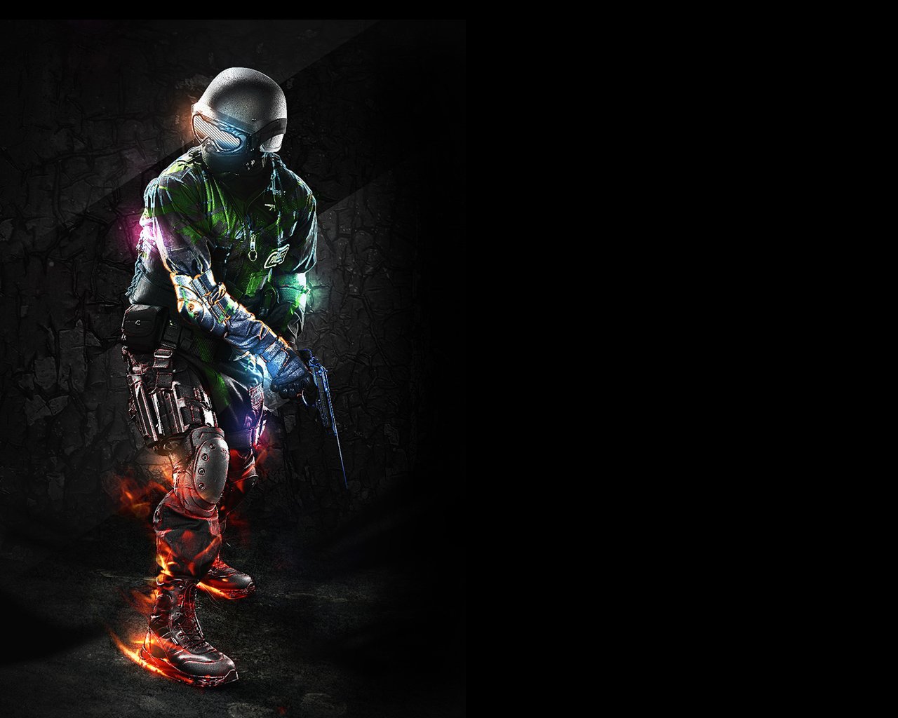 A sci-fi warrior stands poised for battle, clad in a futuristic outfit with vibrant glowing accents, gripping a weapon ready for action against a dark, textured background.