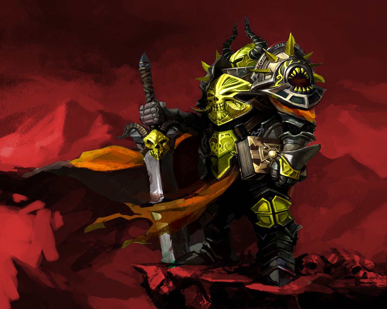 A dark fantasy warrior stands boldly on rocky terrain, wielding a sword. Clad in ornate armor with menacing details, he embodies the fierce spirit of a formidable fighter.