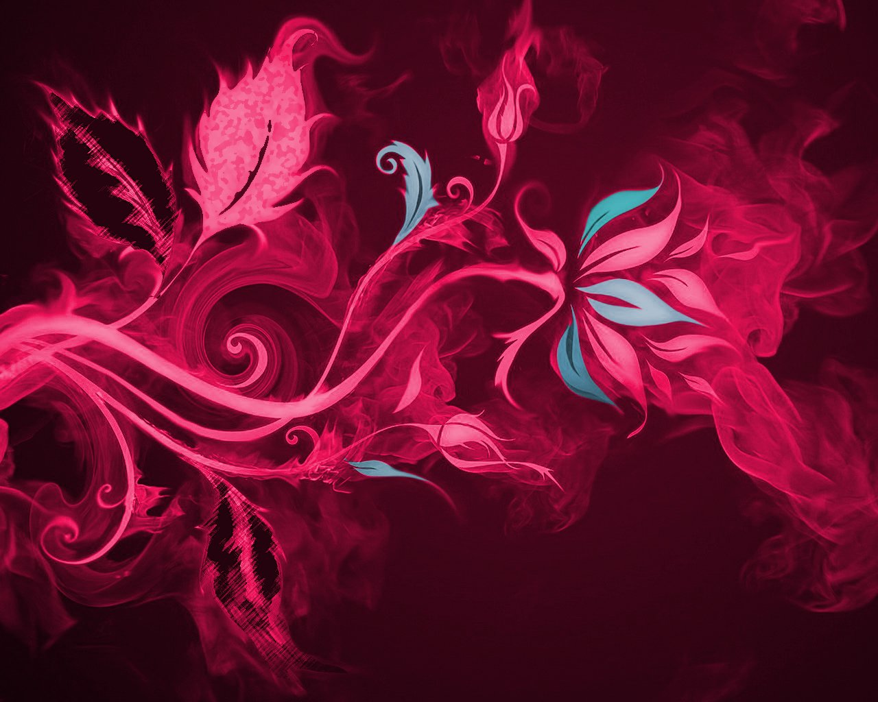 A vibrant, artistic representation of nature featuring swirling pink and teal floral elements against a deep maroon background, evoking a sense of beauty and creativity.