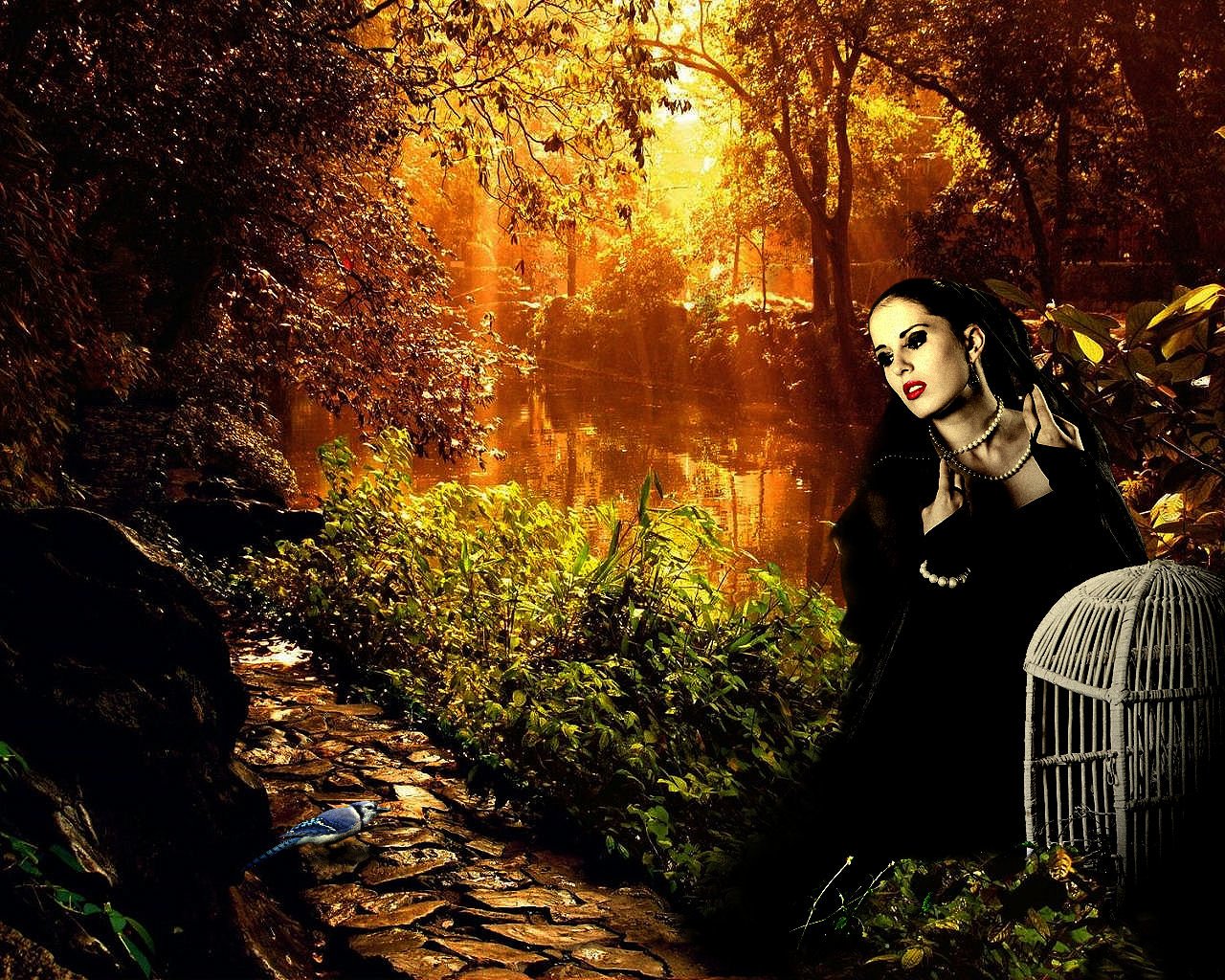 A dark gothic woman in black sits beside a path in a glowing forest, holding a birdcage, blending fantasy and dark fantasy elements in an eerie, mysterious scene.