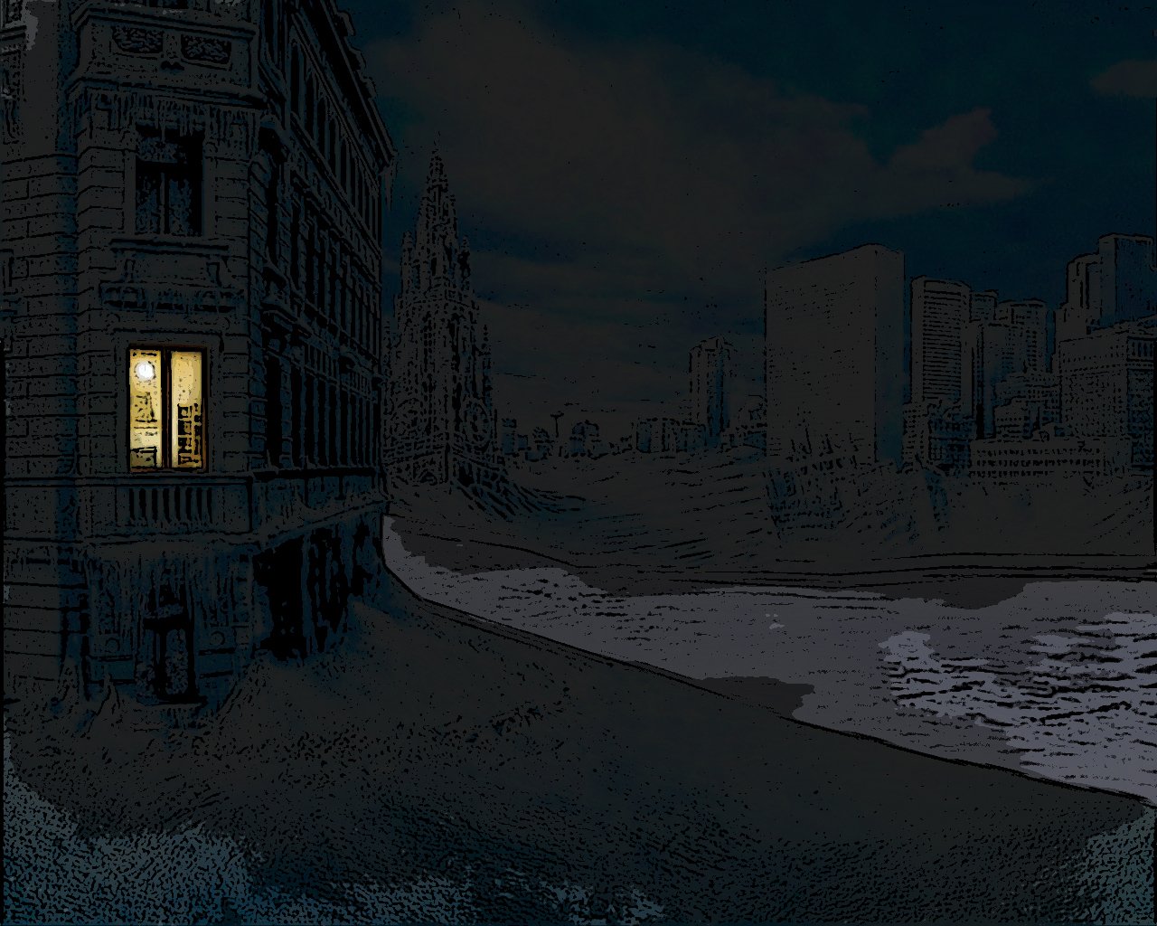 Dark, artistic cityscape at night with a single illuminated window in an old building overlooking a shadowy waterfront and distant modern structures under a moody sky.