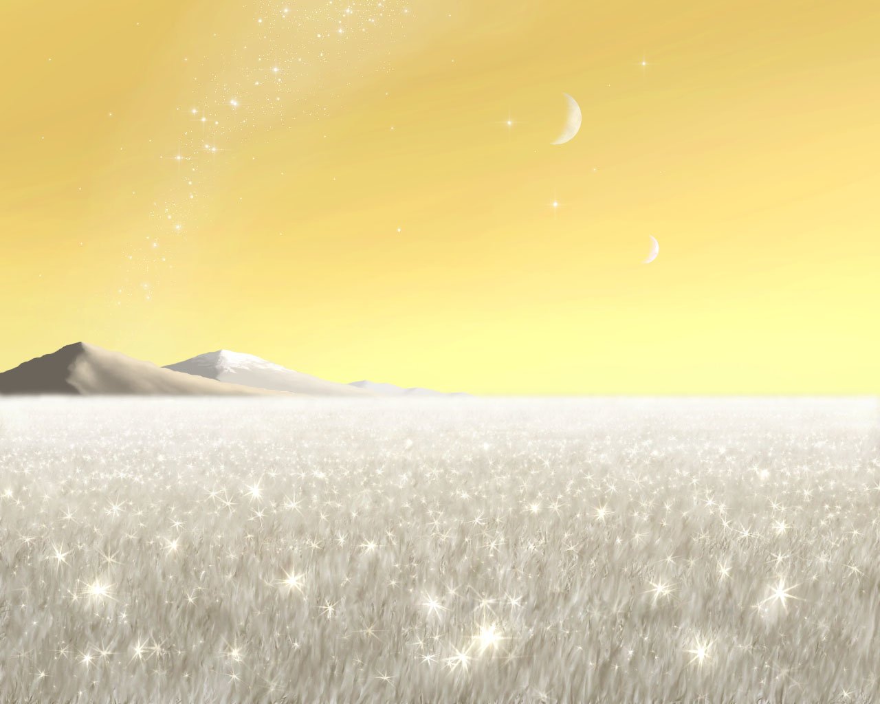A fantasy landscape featuring a sparkling white field under a golden sky with distant mountains and two crescent moons.