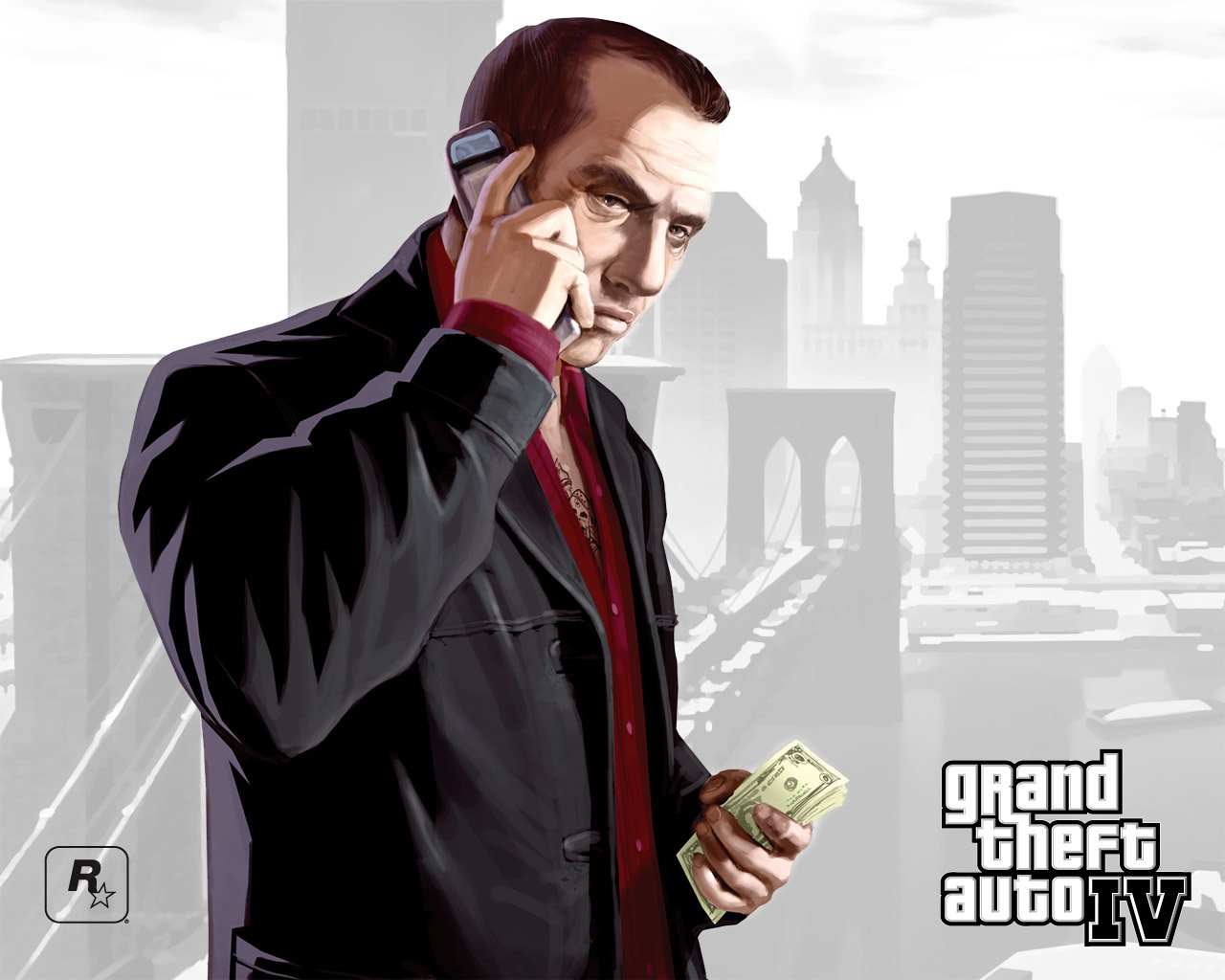 Illustration of a man holding cash and talking on a phone, set against a cityscape background, featuring artwork from the video game Grand Theft Auto IV.