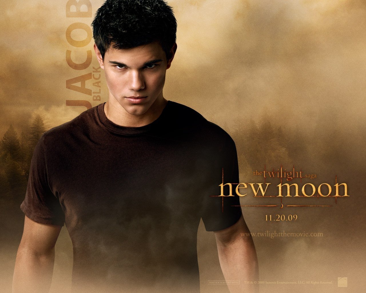 Promotional image of Taylor Lautner as Jacob Black from the movie The Twilight Saga: New Moon, featuring a dramatic background and the film's release date.