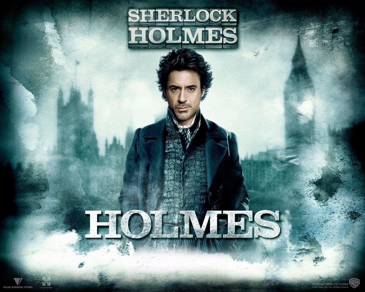 Movie poster for Sherlock Holmes featuring a serious Robert Downey Jr. as Holmes with a foggy London backdrop.
