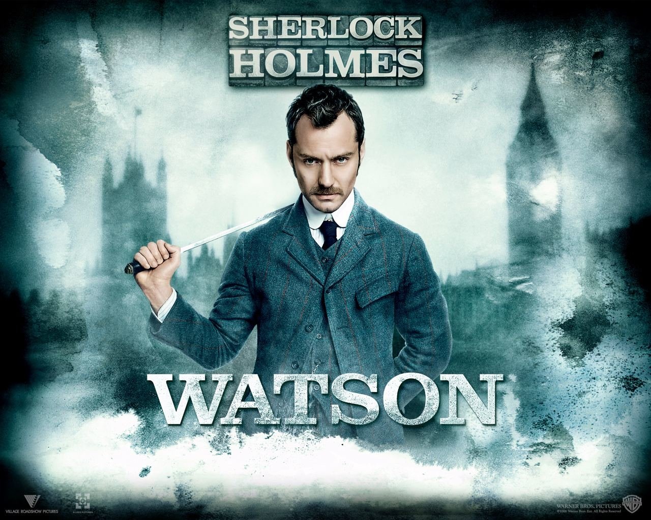 Promotional image for the Sherlock Holmes movie featuring a serious Watson holding a cane against a misty London backdrop.