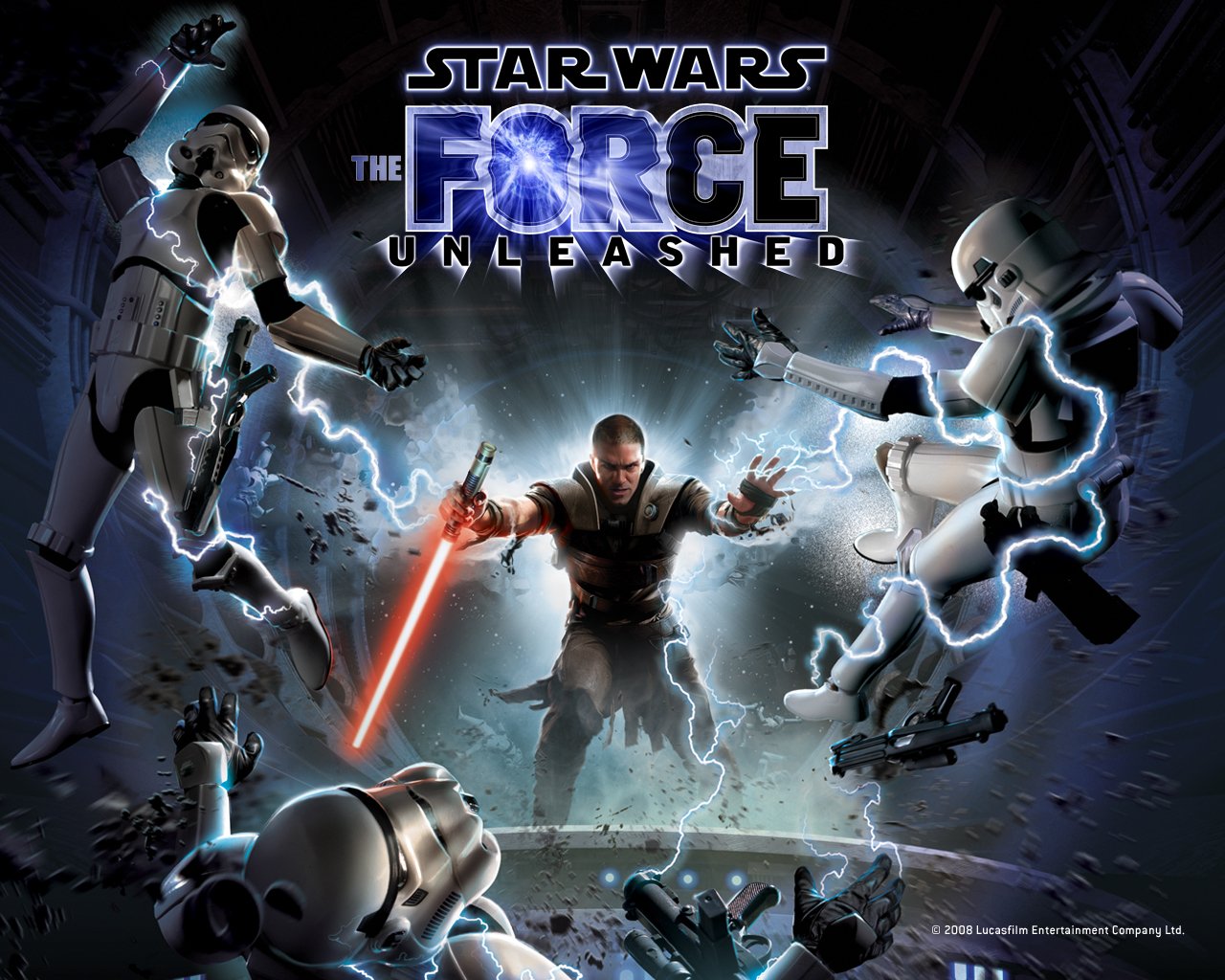 Star Wars: The Force Unleashed video game cover — Starkiller with a red lightsaber unleashing Force lightning that throws stormtroopers backward.