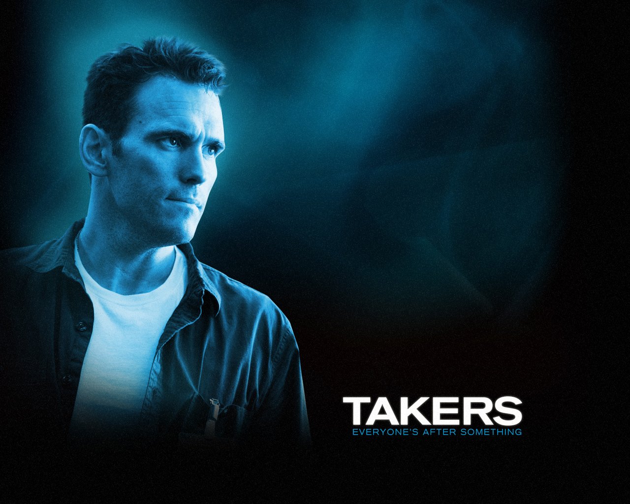 Promotional image for the movie Takers featuring a serious man against a dark blue background with the film’s title and tagline.