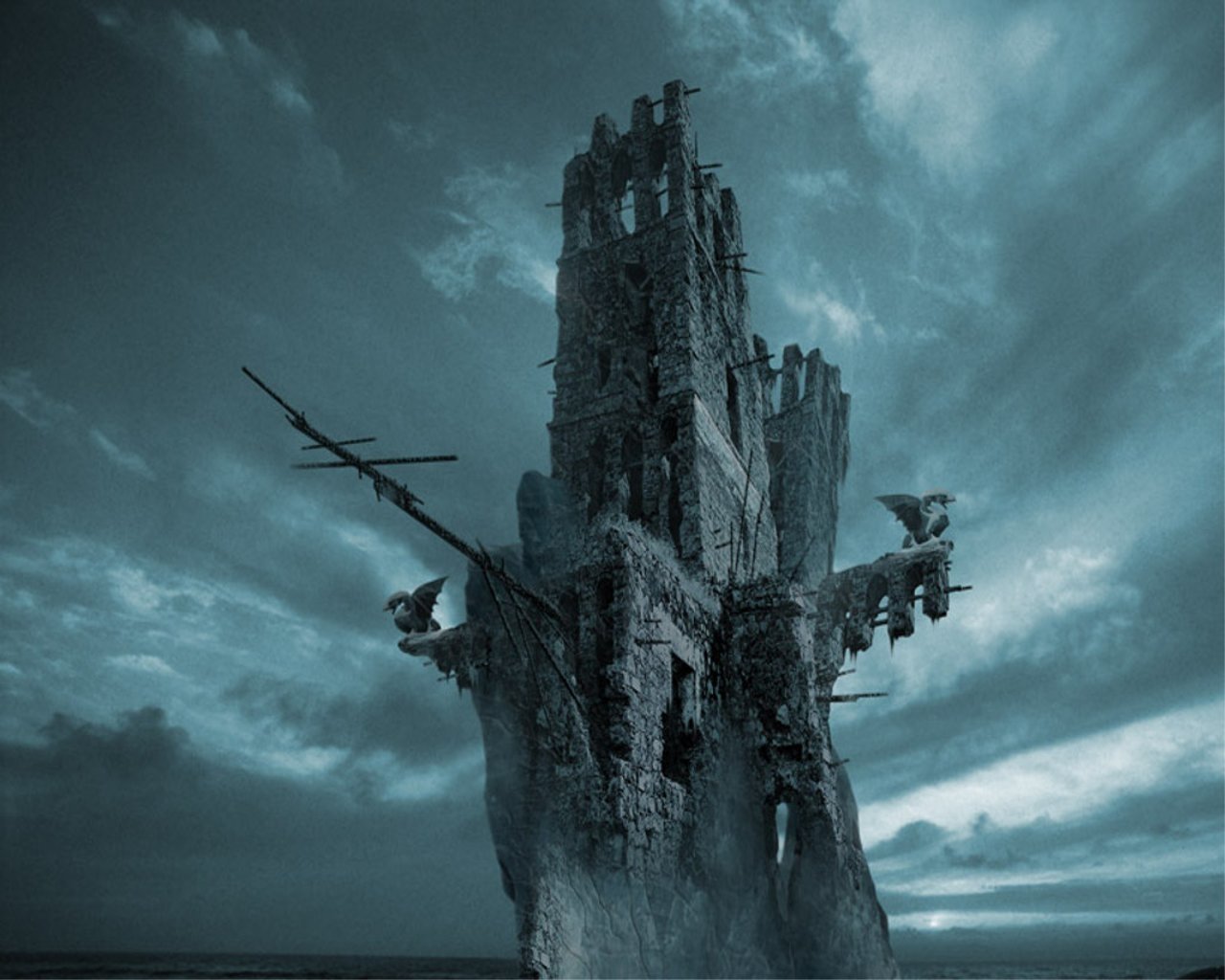 A dark, atmospheric scene featuring a crumbling building in ruins, with eerie architecture and a dramatic sky adding to the haunting ambiance.
