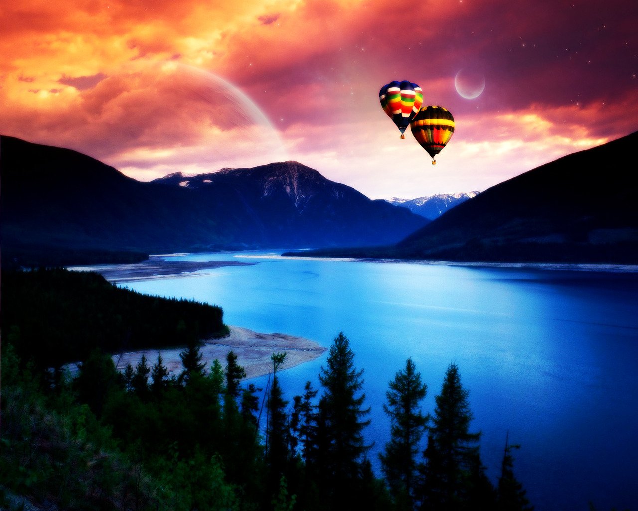 A stunning landscape featuring a serene lake surrounded by mountains, with vibrant hot air balloons drifting against a colorful sky at sunset. Nature's beauty on full display.