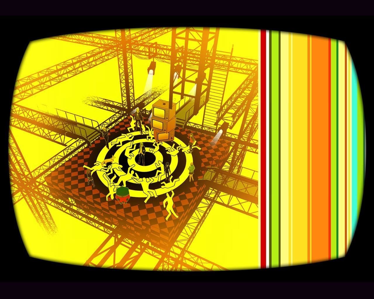 Screenshot from the video game Persona 4 showing a stylized, yellow-toned environment with characters around a circular platform and industrial scaffolding.