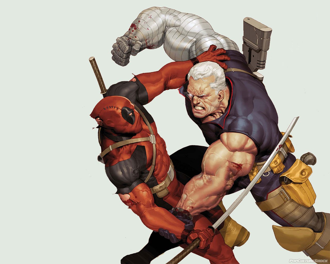 Deadpool and Cable, iconic Marvel Comics characters known as Merc with a Mouth and Cable, engage in an intense battle scene.