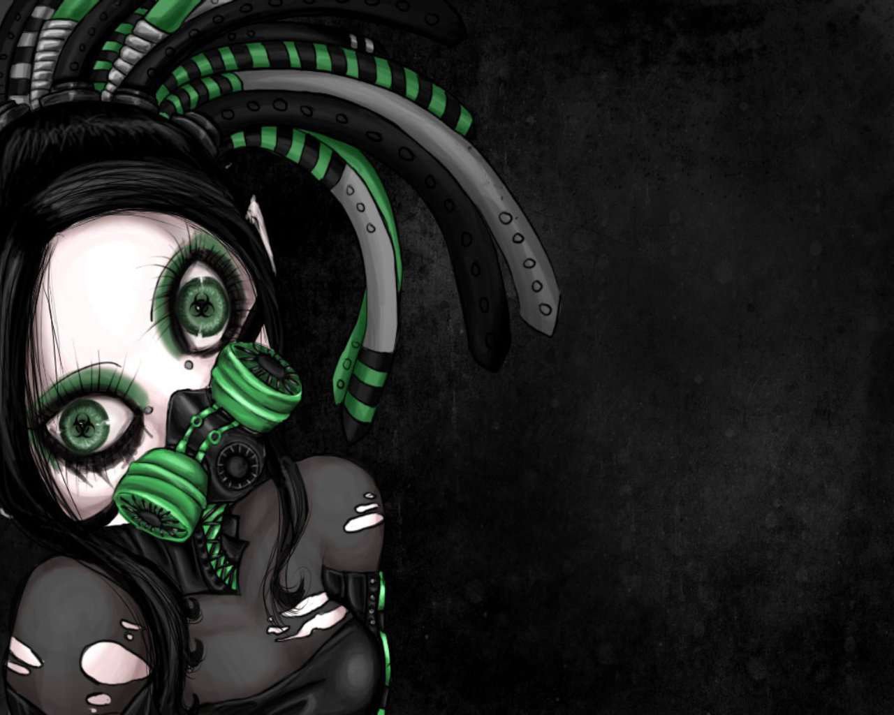 A dark, stylized character with striking green eyes and a gas mask, featuring elaborate, green-striped hair and a distressed outfit against a black background.