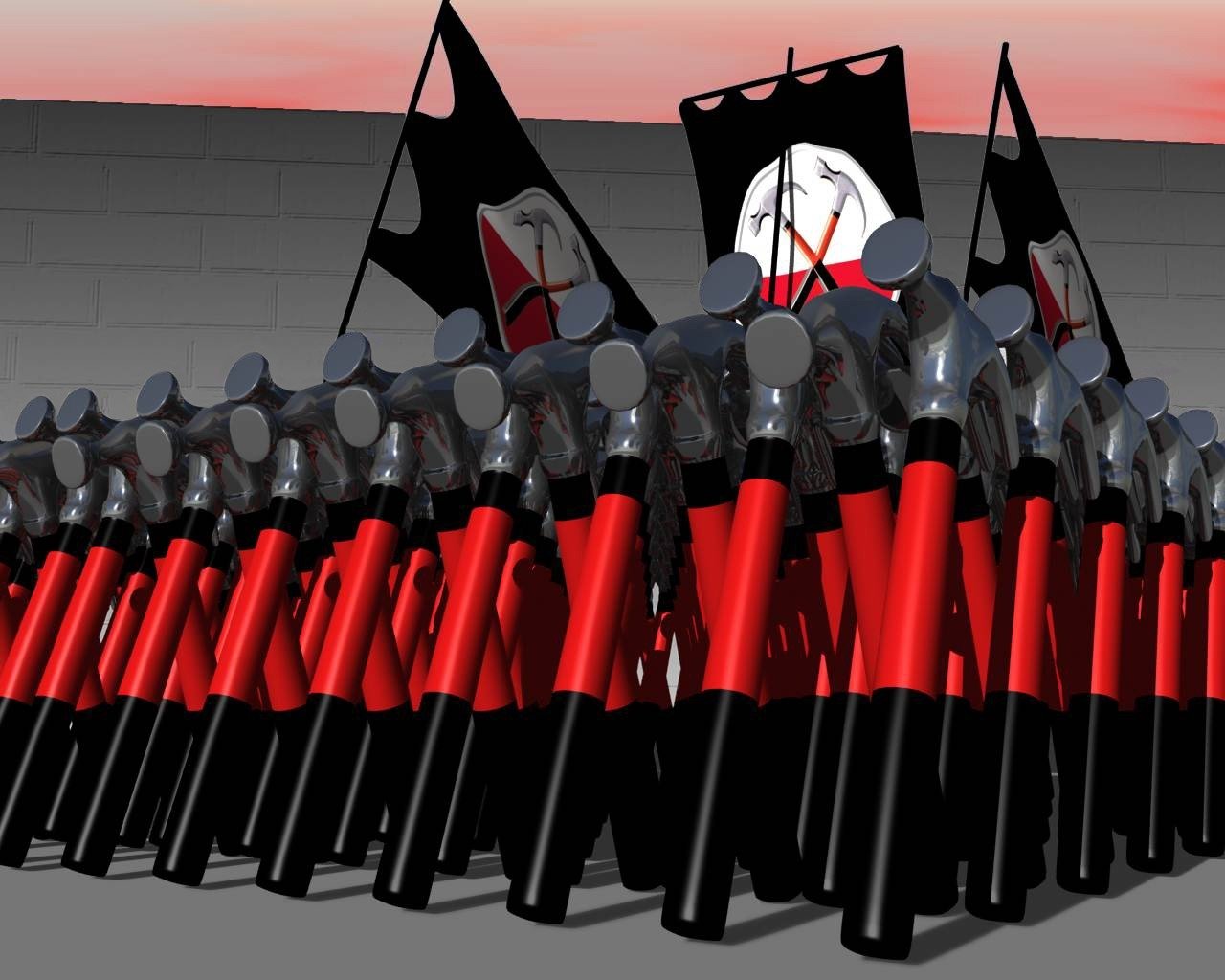 A surreal depiction inspired by Pink Floyd's movie Pink Floyd The Wall, featuring a striking formation of figures holding red and black flags against a gray backdrop.