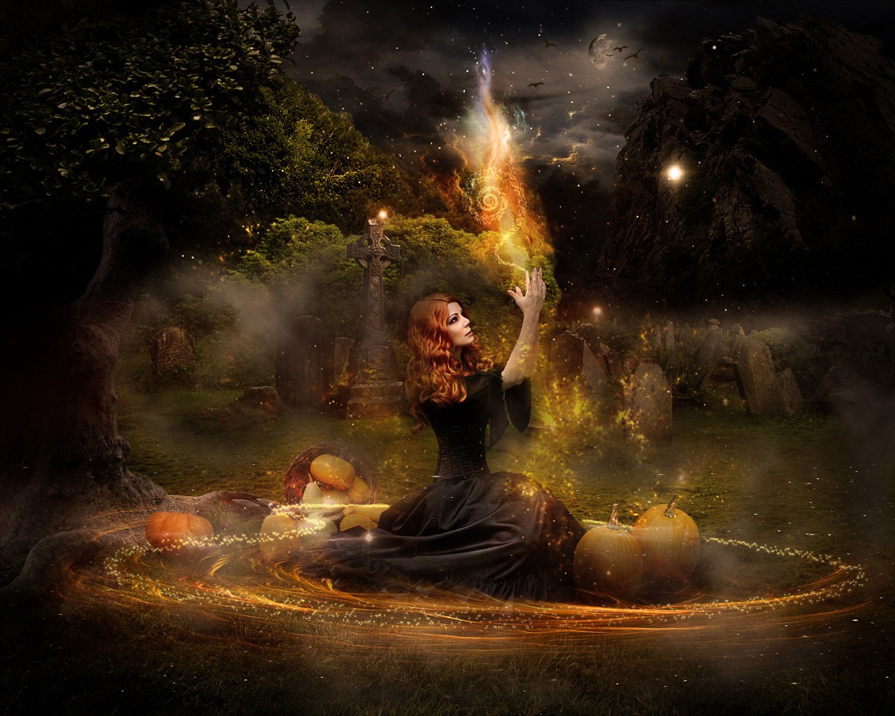 A witch in a dark gown summons magic amidst a misty graveyard, surrounded by pumpkins and glowing light, evoking a captivating fantasy atmosphere.