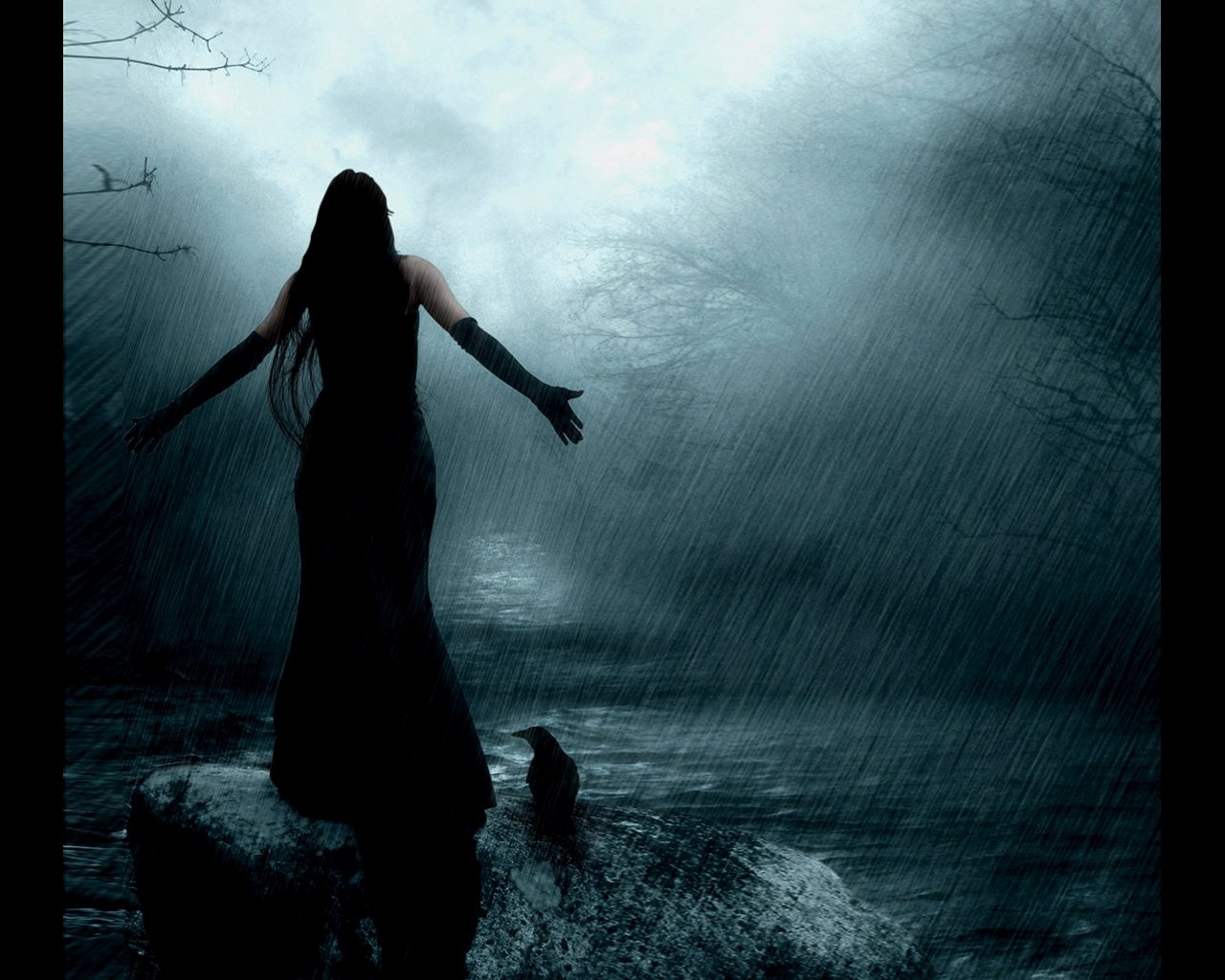 A figure in a dark gothic dress stands on a rock, arms outstretched, amidst rain and a misty, shadowy landscape, evoking a haunting atmosphere.