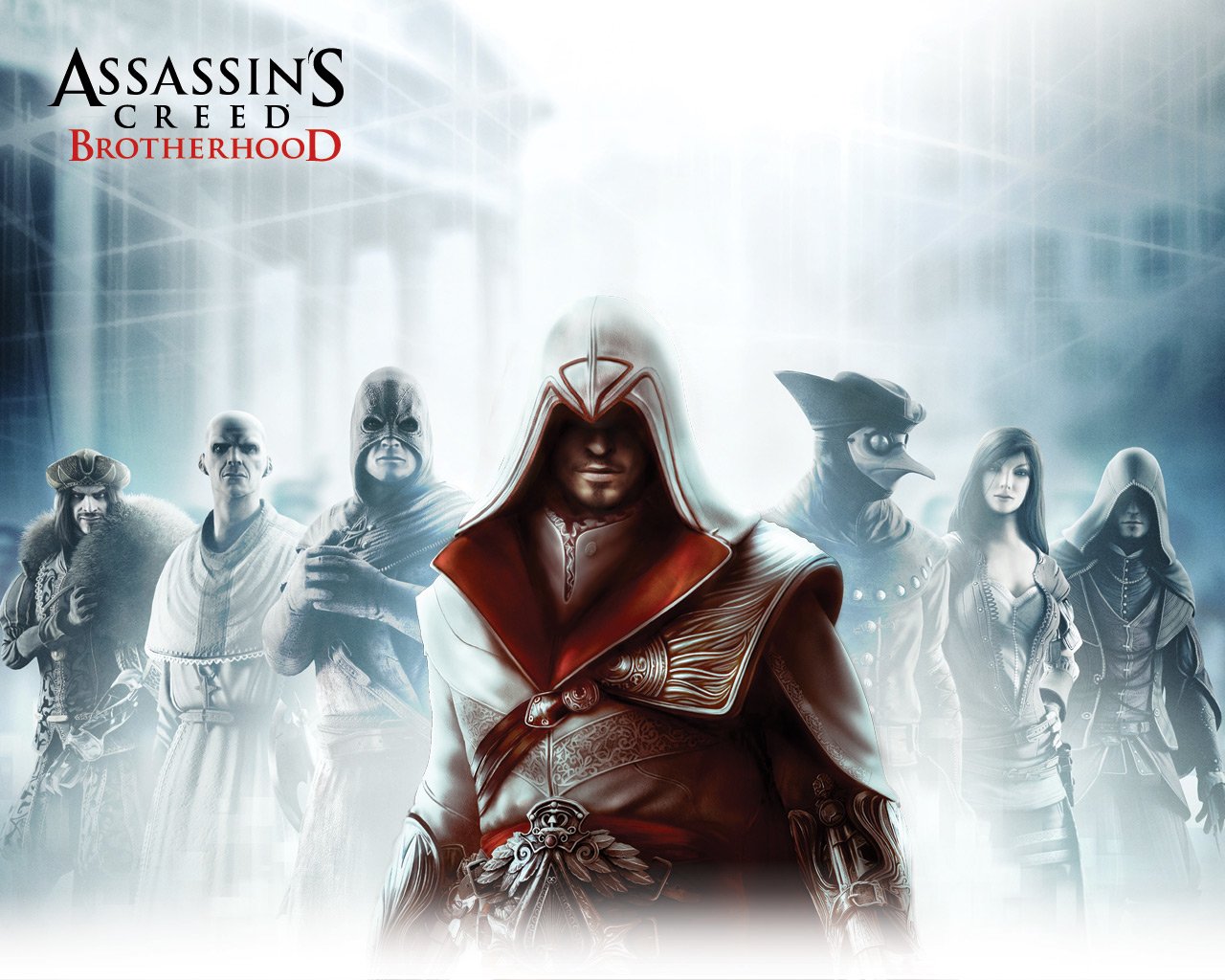 Prominent characters from the video game Assassin's Creed: Brotherhood stand in a foggy, atmospheric setting with the game's logo displayed.