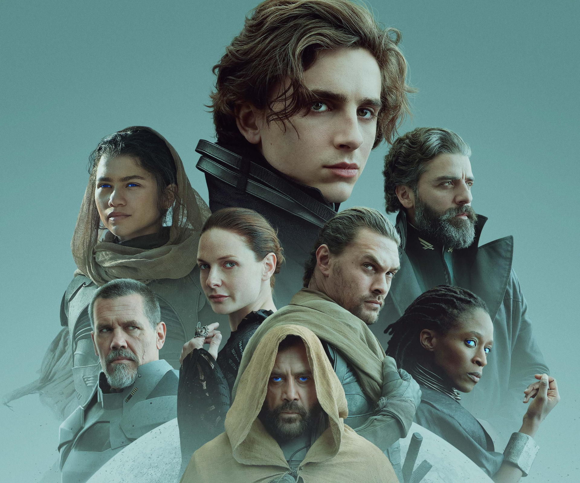 Poster-style ensemble of characters from the movie Dune (2021): a young protagonist centered with cloaked allies against a muted, desert‑toned background.