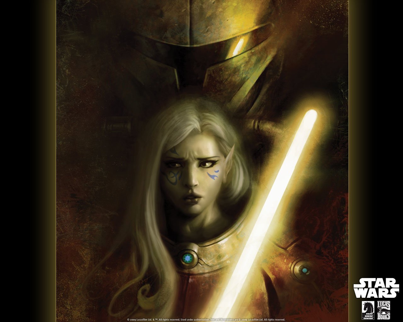 A dramatic Star Wars comic-style image featuring a character holding a glowing yellow lightsaber with a menacing armored figure looming behind.